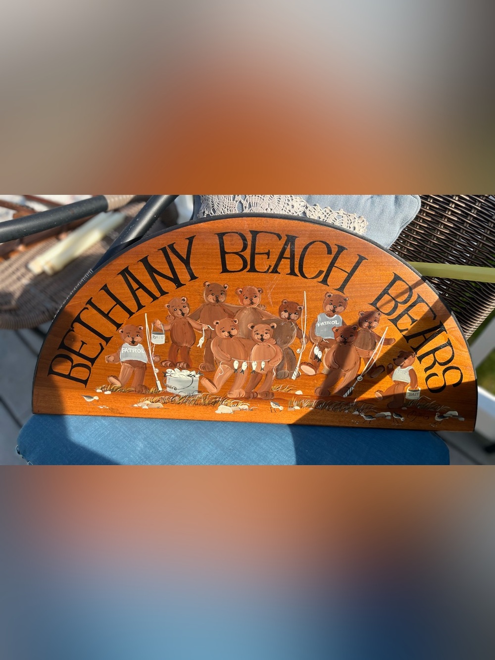 Hand-Painted Wooden Bear Beach Sign - fishing Bears Bethany Beach